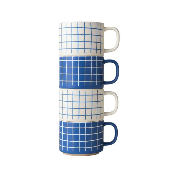 4 Canecas de Cerâmica Quadriculada 430ml Empilhável Premium