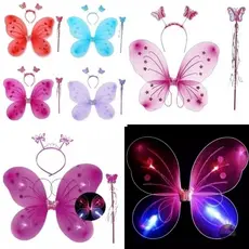 Asa de Borboleta Led Fada com Tiara e Varinha Kit 3 peças Festa