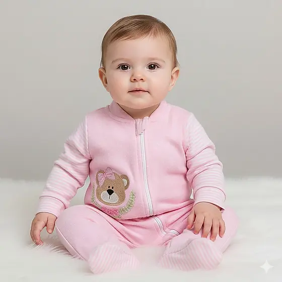 Macacão para Bebê Menina com Estampa Ursinha Zíper Prático Malha Suedine 100% Algodão