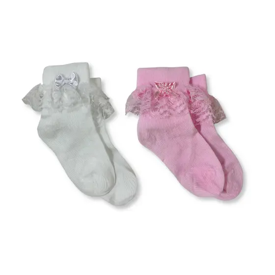 Kit c/ 2 Pares Meia Infantil Menina Renda e Laço para Batizado e Festa