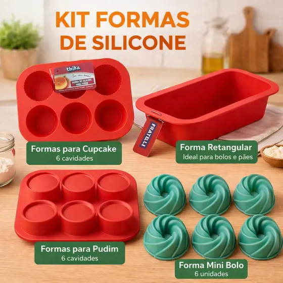 Kit Formas de Silicone 4 Tipos Antiaderente Bolo Pudim Cupcake Forno Freezer