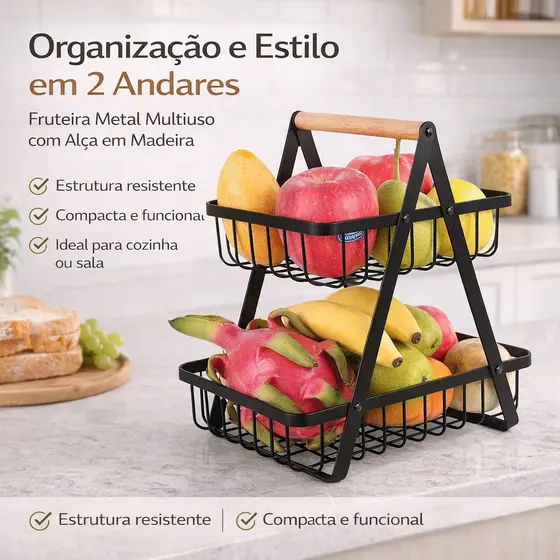 Fruteira Cesto Metal Multiuso 2 Andares Alça Madeira Portatil Organizador Cozinha Sala Banheiro