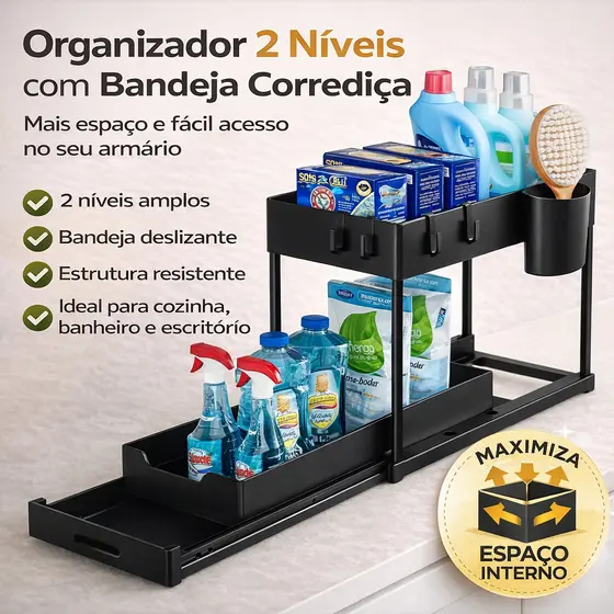 Organizador Multiuso 2 Níveis com Bandeja Corrediça Preto para Armário Cozinha Banheiro Escritório