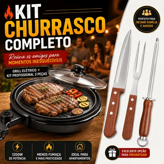 Grill Elétrico 127V Ou 220V Com Tampa Ou Kit Churrasco Completo Grill + Faca Garfo Chaira Inox