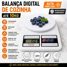 Balança Digital de Cozinha 10kg Alta Precisão LCD Tara Gramas e Onças Branca