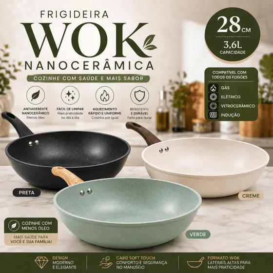 Frigideira Wok Nanocerâmica 28cm Antiaderente 3,6L Panela para Indução Gás e Elétrico