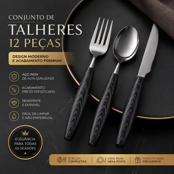 Conjunto Talheres 12 Peças Inox Preto Premium Design Moderno Luxo Resistente