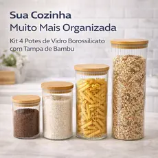 Kit Pote de Vidro Borossilicato Hermético com Tampa de Bambu 4 Peças Organizador Cozinha