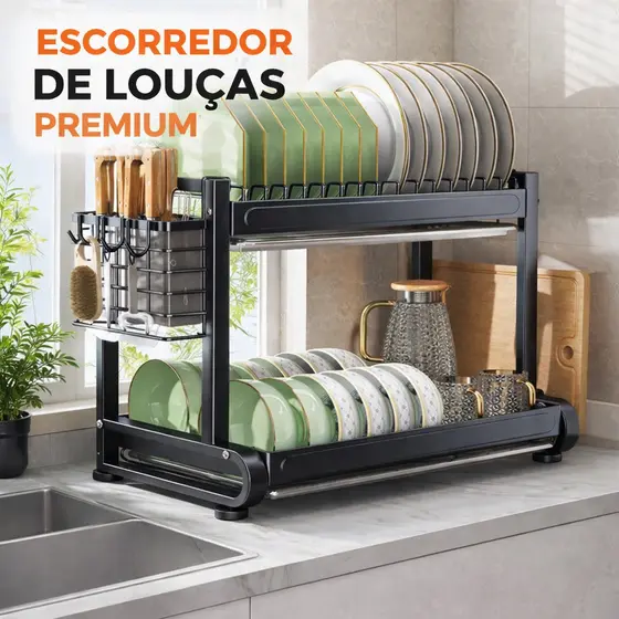 Escorredor Loucas 2 Andares Organizador Cozinha Bancada Preto Fosco Multifuncional