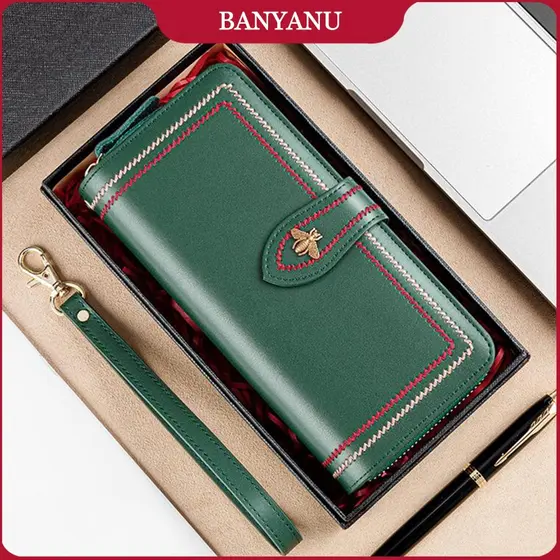 BANYANU Carteira Original De Couro Mulher Anti RFID Bolsa Longa Presentes De Grande Capacidade Porta-Cartões De Senhora De Embreagem
