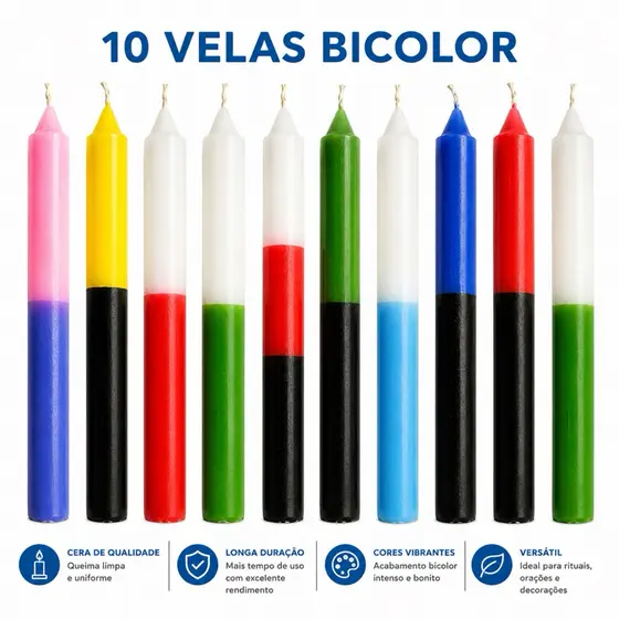 Kit Vela Bicolor Palito 10 Unidades 18cm Queima Pura
