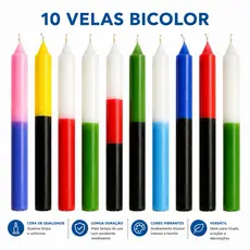 Kit Vela Bicolor Palito 10 Unidades 18cm Queima Pura