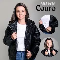 Jaqueta Feminina de Frio Puffer Couro Polo Wear Preto com Capuz e Zíper - Blusa de Frio Couro de Alta qualidade