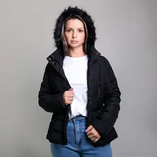 Jaqueta Feminina Puffer Preta Inverno Capuz Pelo Bolsos Zíper do PP ao G2