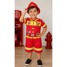 Fantasia Infantil Bombeiro Menino com Capacete de Plástico
