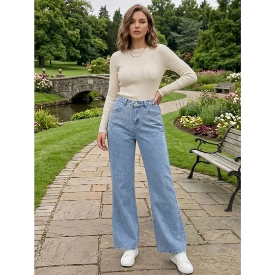Calça jeans wide leg com brilho modelo novo feminino