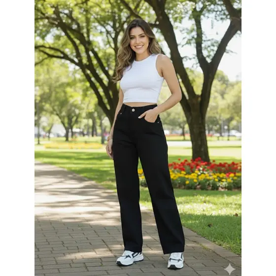 Calça Jeans Feminina Wide Leg Pantalona Cintura Alta 100% Algodão Premium Disponível para todas as estações