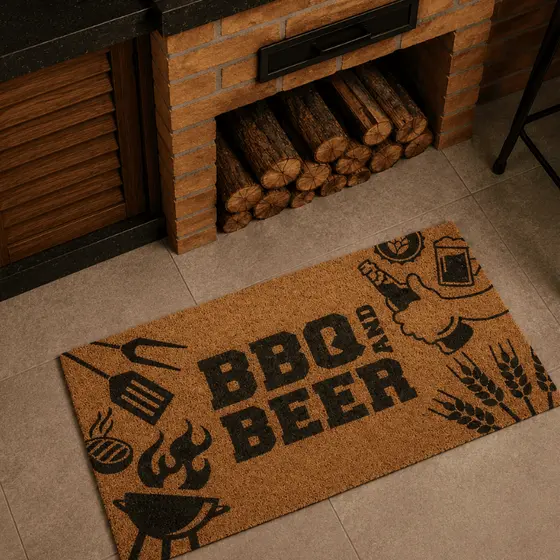 Tapete Porta Entrada Casa Capacho Vinil BBQ and Beer 40x75cm