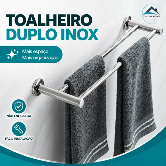 Toalheiro Duplo Suporte Toalhas de Parede Aço Inox Premium Resistente