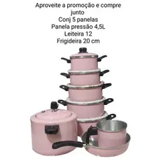 Conjunto 5 panelas, cor rosa, compre junto: Leiteira12; frigideira 20 ; panela de pressão 4,5 L