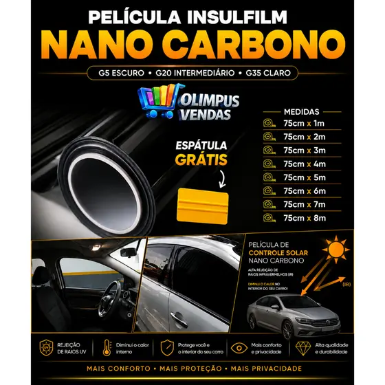 Película Insulfilm Nano Carbono Profissional 75cm Larg. – G5, G20, G35 Automotiva/Residencial