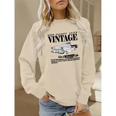 Moletom Feminino Vintage Blusa de Frio Casaco Grosso Sem Capuz Flanelado Estampado Lançamento
