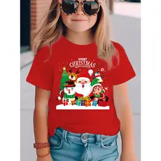 Camiseta Infantil de Natal Menina Estampa Papai Noel Rena e Elfos Manga Curta Preta Vermelha Festiva