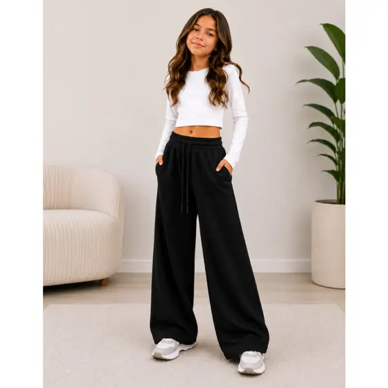 Calça Moletom Infantil Feminina Flanelada Com Bolso Wide Leg Moda Inverno Casual Peluciada