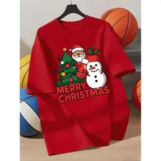 Camiseta Infantil de Natal com Estampa do Papai Noel Boneco da Neve e Gola Redonda Tecido Macio
