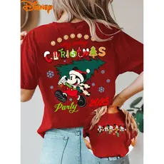 Camiseta Feminina Mickey e Minnie Natal 2025 Estampa Retrô Flocos de Neve Manga Curta