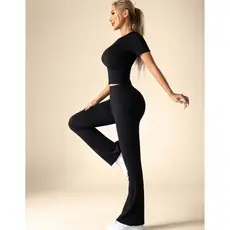 Conjunto Fitness Feminino Premium Calça Legging Flare Bailarina + Baby Tee SlimFit Academia Yoga