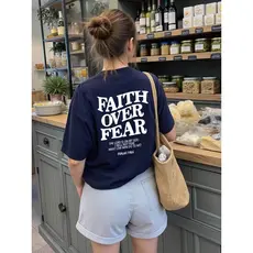 Camiseta Feminina Faith Over Fear T-shirt Azul Marinho Estampa  Casual Manga Curta Confortável