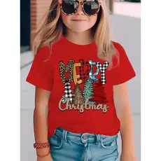 Camiseta Infantil Natal Menina Manga Curta Verde Estampa Feliz Natal Leopardo Xadrez Árvore