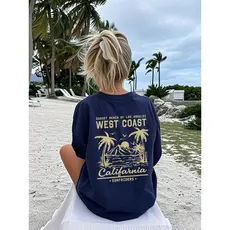 Camiseta Feminina Estampada West Coast California - Casual Verão Azul Marinho Confortável