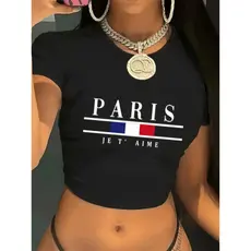 Camiseta Babylook Babytee Slim Fit Manga Curta Elastano Estilosa lançamento estampada PARIS JET