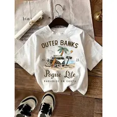 Camiseta Feminina T-shirt Estampada Praia Blusa “Outer Banks Pogue Life” Vintage Tropical Verão