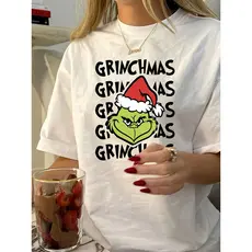 Camiseta Feminina T-shirt Natal “Grinchmas” – Blusa Verde Vermelha Estampada Casual Gola Redonda