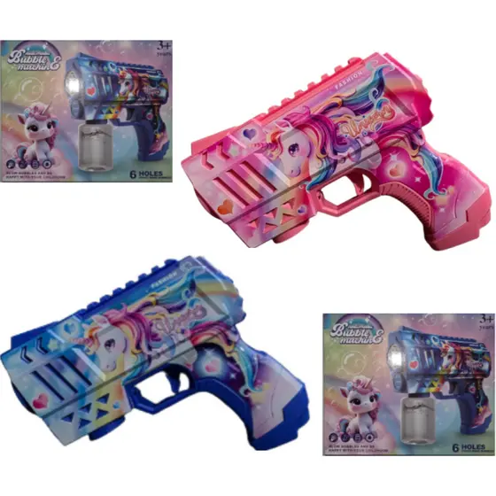 Brinquedo Pistola Arminha Bolhas de Sabão Unicórnio com Luz Led a Pilhas