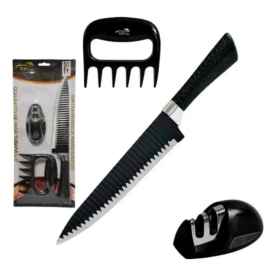 Kit De Faca Churrasco Tubarão 8 + Garra De Urso + Amolador Top Casa Utensílio Cozinha