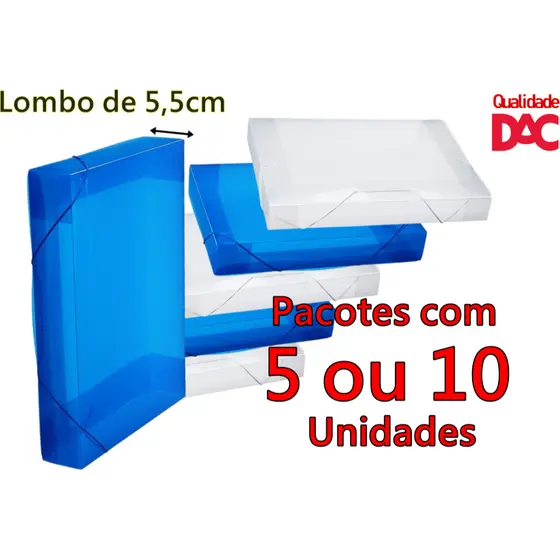 Kit 5 ou 10 Pastas Aba Elástica Ofício com Lombo de 5,5cm 55mm Azul Transparente Cristal Fumê Line 505PP DAC