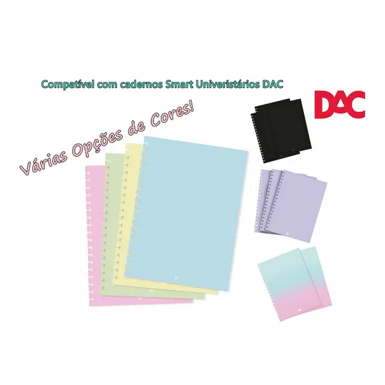 Diversas Cores Refil com 48 Folhas para Caderno Smart Universitário 200x275 Branco Azul Lilás Preto Laranja ou Rosa DAC