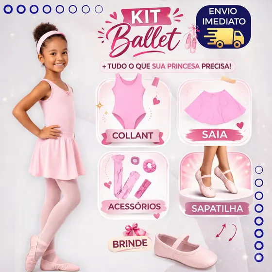 Kit Ballet Feminino Rosa 7 Peças + Sapatilha Brinde 2 a 12 Anos