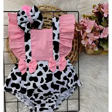 Jardineira romper tema fazendinha (vaquinha)+ tiara