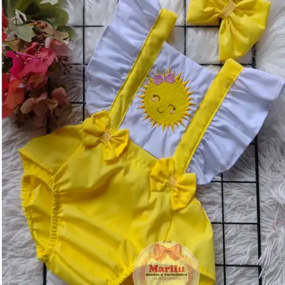 Jardineira romper coleção bordado Raio de sol