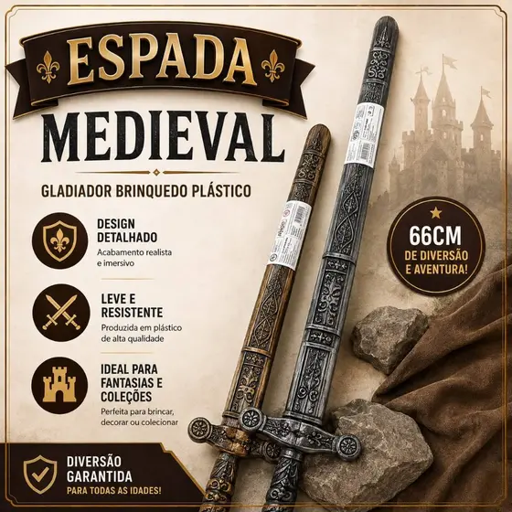 Espada Medieval 66cm Gladiador Brinquedo Plástico Cosplay