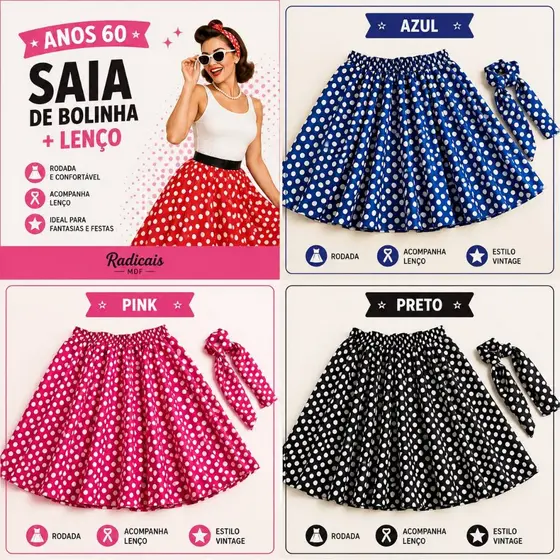 Kit Saia Anos 60 Com Lenço de Bolinhas Moda Feminina Adulto Retro Godê Rodada Poá Festa Fantasia