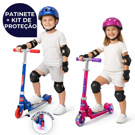 Patinete Infantil 3 Rodinhas com Luz Led e Freio Ajustável Menino Menina Até 25kg