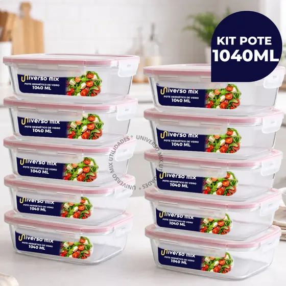 Kit 10 ou 5 Potes Vidro Hermético Retangular 4 Travas Marmita Premium