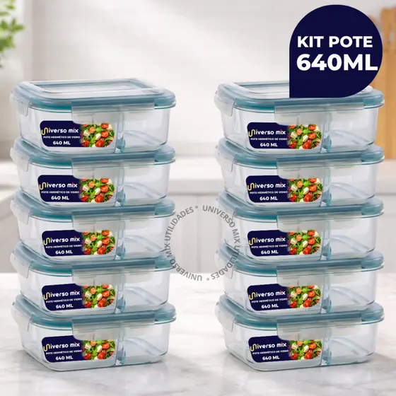 Kit 10 ou 5 Potes Vidro Herméticos 640ml Retangular Com Divisória Premium