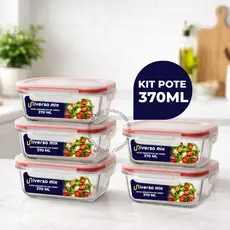 Kit 5 ou 10 Potes Vidro Hermético 370ml Retangular Premium Marmita Fitness